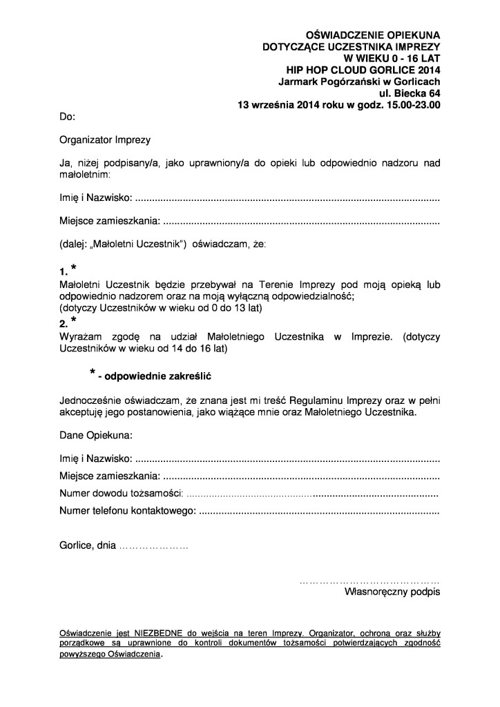 OŚWIADCZENIE OPIEKUNA uczestnika HIP HOP CLOUD 2014-page-0
